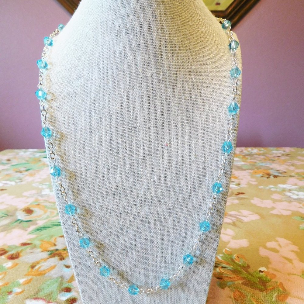 Handmade Necklace  & Earring Set; Blue Faceted Glas Beads On Silver Chai…